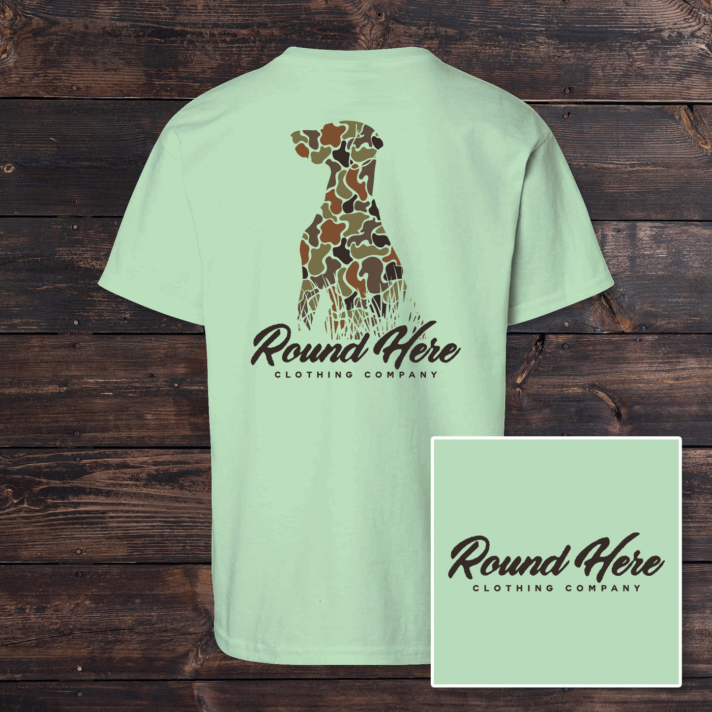 'Round Here Clothing Duck Camo Dog Youth T-Shirt Mint Green