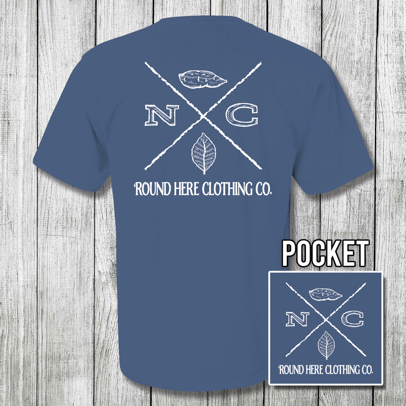'Round Here Clothing X-Mark NC Tobacco & Sweet Potato Pocket Tee China Blue
